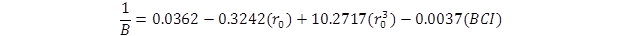 The quotient of 1 divided by B, end quotient, equals 0.0362 minus the product of 0.3242 times r subscript 0, end product, plus the product of 10.2717 times r subscript 0 cubed, end product, minus the product of 23.6609 times r subscript 0 superscript 3, end product, minus the product of 0.0037 times BCI, end product.