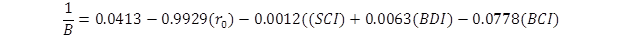 The quotient of 1 divided by B, end quotient, equals 0.0413 plus the product of 0.9929 times r subscript 0, end product, plus the product of 0.0012 times SCI, end product, plus the product of 0.0063 times BDI, minus the product of 0.0778 times BCI, end product.