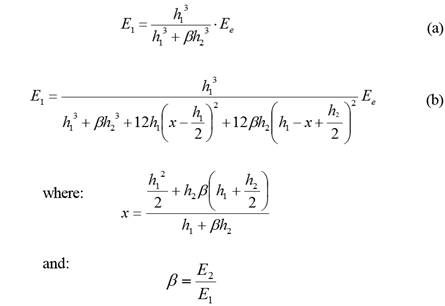 (a) E subscript 1 equals the product of the quotient of h subscript 1 cubed divided by the sum of h subscript 1 cubed plus Beta times h subscript 2 cubed, end sum, end quotient, times E subscript e, end product. (b) E subscript 1 equals the product of the quotient of h subscript 1 cubed, divided by the sum of h subscript 1 cubed plus Beta times h subscript 2 cubed plus the product of 12h subscript 1 times the difference x minus the quantity h subscript 1 divided by 2, end quotient, end quantity, squared, end product, plus the product of 12 Beta times h subscript 2 times the quantity h subscript 1 minus x plus the quotient of h subscript 2 divided by 2, end quantity, squared, end sum, end quotient, all times E subscript e, end product; where x equals the sum of the quotient of h subscript 1 squared divided by 2 plus the product of h subscript 2 times Beta times the quantity the sum of h subscript 1 plus the quotient of h subscript 2 divided by 2, end quotient, end sum, end quantity, end product, end sum, all divided by the sum of h subscript 1 plus Beta h subscript 2; and where Beta equals the quotient of E subscript 2 divided by E subscript 1.