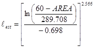 Lowercase l subscript est equals the quantity of, the quotient of the log of the quotient of, the difference of 60 minus AREA, end difference, divided by 289.708, end log, divided by negative 0.698, end quotient, end quantity, to the 2.566 power.