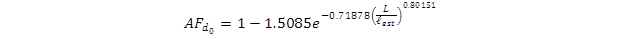 . AF subscript d subscript 0 equals 1 minus 1.15085e superscript negative 0.71878 times the quotient of L divided by lowercase l subscript est, end quotient, to the 0.80151 power, end product.