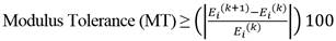 Modulus Tolerance is greater than or equal to the quantity, the absolute value of the quotient of the difference E subscript i superscript the quantity k plus 1 end quantity, minus E subscript i superscript k, end difference, divided by E subscript i superscript k, end absolute value, end quantity, times 100.