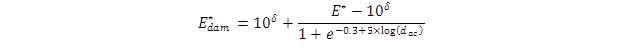 E subscript dam superscript asterisk, equals the sum of 10 to the lowercase delta power plus the quotient of the difference E asterisk minus 10 to the lowercase delta, end difference, divided by the sum of 1 plus e to the string negative 0.3 plus 5 times the log of d subscript ac, end string, end sum, end quotient, end sum.