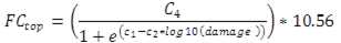 FC subscript top equals the product of the quantity quotient of C subscript 4 divided by the sum of 1 plus e superscript the quantity the difference of C subscript 1 minus the product of C subscript 2 times the log 10 of damage, end product, end difference, end quantity, end sum, end quotient, end quantity, times 10.45, end product.