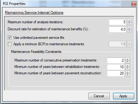 This screenshot shows the window that allows the user to adjust the remaining service interval (RSI) options. Each of the options shows the number and has arrows beside the value that allows the user to either increase or decrease the value. The first two options are “Maximum number of analysis iterations:” and “Discount rate for estimation of maintenance benefits (%):” The next option allows the user to select between “Use unlimited pavement service life” or “Apply a minimum BCR to maintenance treatments,” which the user can then select. The bottom of the screen shows the “Maintenance Feasibility Constraints.” These include “Maximum number of consecutive preservation treatments,” “Minimum number of years between rehabilitation treatments,” and “Minimum number of years between pavement reconstruction.” There are “Cancel” and “Apply” buttons at the bottom of the screen.