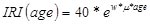 IRI as a function of age equals 40 times the mathematical constant e raised to the power of the quantity w times mu times age. 