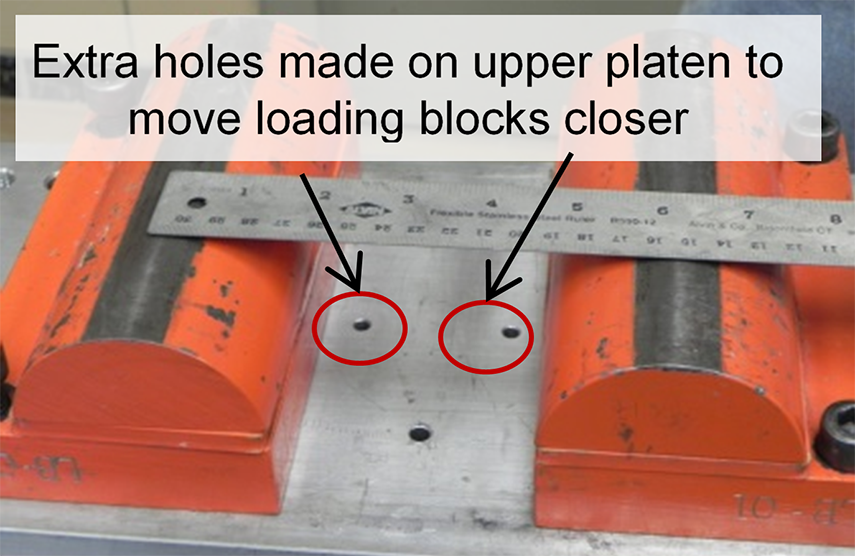 FIGURE 10. Forney Machine -- Closeup of loading blocks. This image shows modifications made to loading blocks of a Forney testing machine. Red circles and two black arrows point to the extra holes made on the upper platen to move the loading blocks closer to one another.