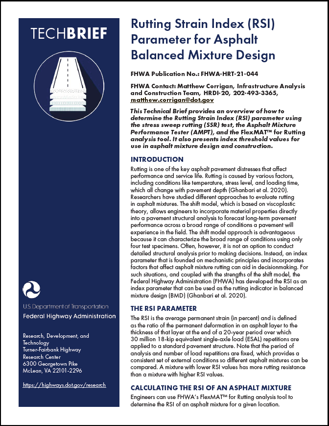 Rutting Strain Index (RSI) Parameter for Asphalt Performance Engineered Mixture Design, FHWA-HRT-21-044 cover