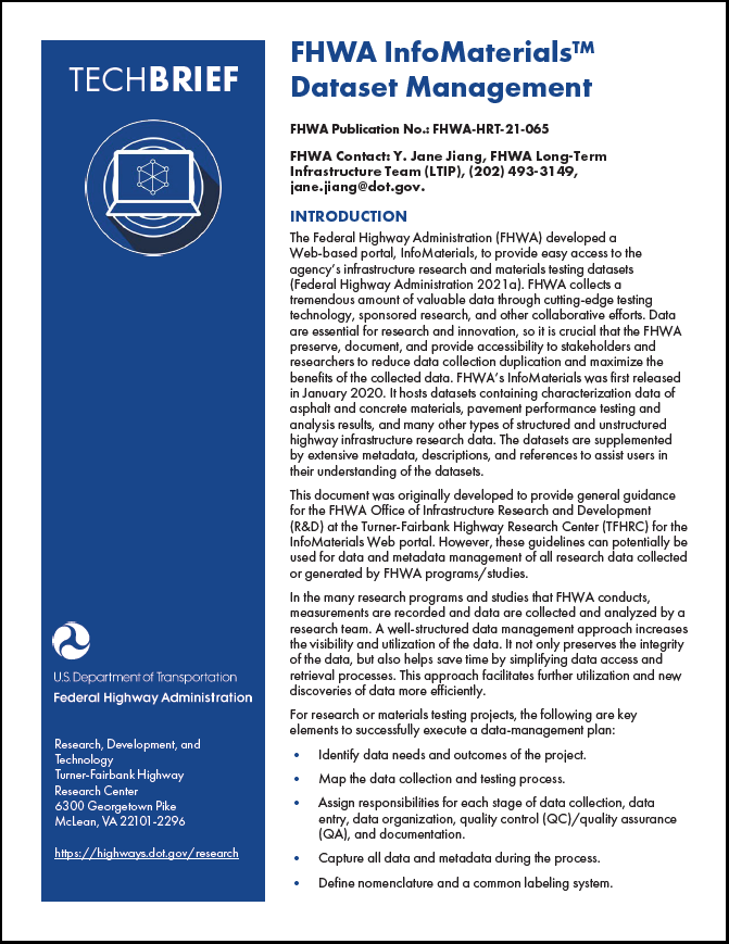 FHWA InfoMaterials Dataset Management, FHWA-HRT-21-065 cover