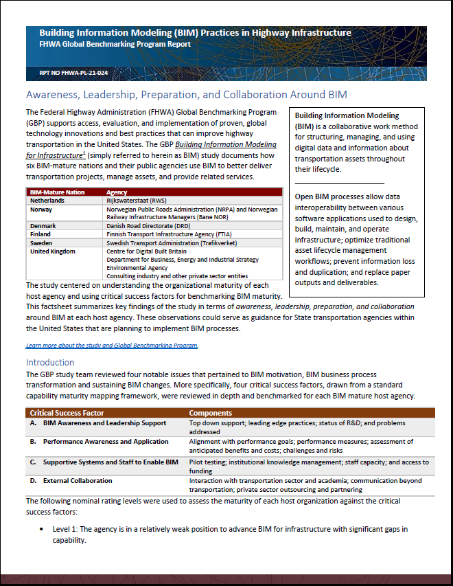 Building Information Modeling (BIM) Practices in Highway Infrastructure: FHWA Global Benchmarking Program Report, FHWA-HRT-22-049 cover