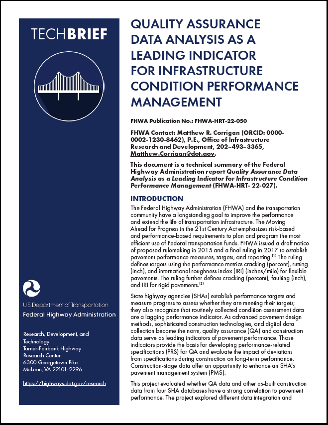 Quality Assurance Data Analysis as a Leading Indicator for Infrastructure Condition Performance Management, FHWA-HRT-22-050 cover