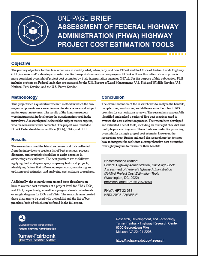 One-Page Brief: Assessment of Federal Highway Administration (FHWA) Highway Project Cost Estimation Tools, FHWA-HRT-22-058 cover