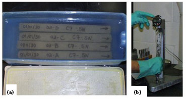 Figure 12. Photo. Accelerated mortar bar test apparatus (A S T M C1260). Photo 12 A, on the left, is a view from the top of four separately labeled rectangular concrete samples, under water in a long, blue rectangular bucket. Photo 12 B, on the right, shows a rectangular concrete sample being measured for length change using a digital measuring device. The test procedures are described in section 3.4.2 of the text.
