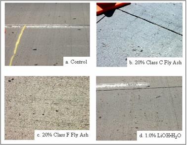 Figure 18. Photos. Photographs of 12-year-old pavement sections reactive aggregate from Placitas pit in Albuquerque, New Mexico. There are four photos labeled A through D. Photo A shows a concrete pavement section with some cracking visible; accompanying text reads, ‘Control.’ Photo B shows a close view of the corner of a concrete slab with extensive map cracking; accompanying text reads, ‘20 percent class C fly ash.’ Photo C shows a closeup view of a concrete pavement with visible map cracking; accompanying text reads, ‘20 percent class F fly ash.’ Photo D shows two slabs of a concrete pavement with little cracking visible; accompanying text reads, ‘1 percent lithium hydroxide monohydrate.’