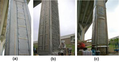 Figure 24. Photos. Electrochemical lithium treatment process. There are three photos, labeled A, B, and C, of columns in Houston, Texas, that were selected for electrochemical treatment. Photo A shows irrigation tubes, wood splices, and metal strips placed on the column. The metal strips are attached to titanium mesh that runs inside holes drilled into the sides of the column. Photo B shows a cellulose layer being applied to the side of a column. Photo C shows plastic sheeting placed on all sides of the column. The gutters attached under the sheeting collect excess lithium for reuse.