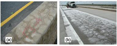 Figure 26. Photos. Precipitation of lithium nitrate from solution (A) on barrier wall and (B) on pavement.. There are two photos, labeled A and B. Photo A, on the left, shows the top of a concrete barrier with extensive cracking and the label ‘T3-A’ written on the top of the barrier. White precipitation of lithium nitrate can be seen in some of the cracks. Photo B, on the right, shows a concrete pavement where half of the width of the travel lane has been sprayed with lithium nitrate. The lithium nitrate has precipitated, and a layer of white can be seen across the treated section. This ‘white sheet’ is the salting out of the lithium nitrate that has collected at the surface of the pavement. General guidelines for topically applying lithium to a concrete pavement are described in table 12.