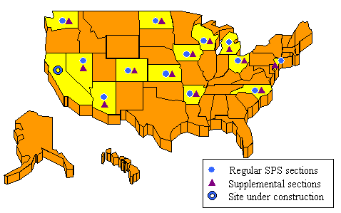 Figure 2. Geographic distribution of the constructed SPS-2 projects. Map. This figure is a map of the United States that shows regular and supplemental sections in the States of Arizona, Arkansas, Colorado, Iowa, Kansas, Michigan, Nevada, New Jersey, North Carolina, North Dakota, Ohio, Washington, and Wisconsin. California is shown as having a site under construction.