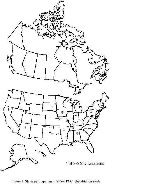 States participating in the SPS-6 PCC rehabilitation study. Drawing. The figure shows a map of the United States and Canada. There are 14 stars on the map that indicate specific pavement study (SPS-6) site locations. The site locations are in Alabama, Arkansas, California, Illinois, Indiana, Iowa, Michigan, Missouri, Nevada, Oklahoma, Pennsylvania, South Dakota, and Tennessee. Two sites are in Missouri.