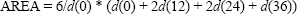 Figure 5. Equation. AREA. AREA equals the product of the quotient of 6 divided by D parenthesis 0 end parenthesis times the following sum: D parenthesis 0 end parenthesis plus the product of 2 times D parenthesis 12 end parenthesis plus the product of 2 times D parenthesis 24 end parenthesis plus D parenthesis 36 end parenthesis. 