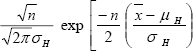 Figure 58. Equation. The likelihood. The likelihood is equal to the quotient of the square root of lowercase N divided by the square root of the product of 2 times pi times lowercase sigma subscript uppercase H, this quotient then being multiplied by the natural number lowercase E raised to the power of the product of the quotient of negative lowercase N divided by 2, times the squared quotient of the difference between lowercase X bar and lowercase mu subscript uppercase H divided by lowercase sigma subscript uppercase H.