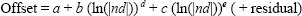 Figure 7. Equation. Offset, with exponents D and E. Offset equals the sum of four terms. The first term is A. The second term is the product of B times the natural logarithm, raised to the D power, of the normalized deflection, which is the absolute value of ND. The third term is the product of C times the natural logarithm, raised to the E power, of the normalized deflection, which is the absolute value of ND. The last term is a residual.