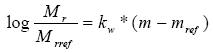 Logarithm of open parenthesis resilient modulus divided by resilient modulus at a reference moisture start close parenthesis is equal to regression constant K sub W times open parenthesis moisture state minus reference moisture state close parenthesis