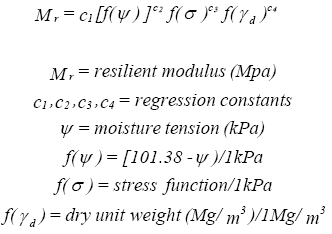 Resilient modulus is equal to regression constant 1 times the (open bracket) function of psi (close bracket) to the regression constant 2 times the function of sigma to the regression constant 3 times the function of gamma sub D to the constant regression 4. Psi is equal to moisture tension in kilopascals. The function of psi is equal to 101.38 minus moisture tension divided by 1 kilopascal. The function of sigma is equal to stress function divided by 1 kilopascal. The function of gamma sub D is equal to dry unit weight divided by 1 mega gram divided by meters cubed