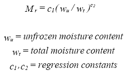 Resilient modulus is equal to regression constant times open parenthesis unfrozen moisture content divided by total moisture content close parenthesis to the regression constant 2. 