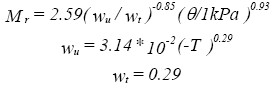 Resilient modulus is equal to 2.59 times open parenthesis unfrozen moisture content divided by total moisture content close parenthesis to the negative 0.85 times open parenthesis bulk stress divided by 1 kilopascal close parenthesis to the 0.93. Unfrozen moisture content is equal to 3.14 times 10 negative squared times open parenthesis negative temperature close parenthesis to the 0.29. Total moisture content is equal to 0.29.