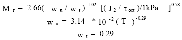 Resilient modulus is equal to 2.66 times open parenthesis unfrozen moisture content divided by total moisture content close parenthesis to the negative 1.02 times open bracket open parenthesis second stress variant divided by octahedral shear stress close parenthesis divided by 1 kilopascal close parenthesis to the 0.78. Unfrozen moisture content is equal to 3.14 times 10 to the negative squared times open parenthesis negative temperature close parenthesis to the negative 0.29. Total moisture content is equal to 0.29.