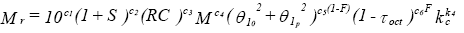 Resilient modulus is equal to 10 to the regression constant C sub 1 times (open first parenthesis) 1 plus degree of saturation (close first parenthesis) to the regression constant C sub 2 times (open second parenthesis) relative degree of compaction (close second parenthesis) to the regression constant C sub 3 times material constant to the regression constant C sub 4 times (open third parenthesis) bulk stress due to overburden squared plus bulk stress due to overburden and load squared (close third parenthesis) to the constant regression C sub 5 times (open fourth parenthesis) 1 minus fines content (close fourth parenthesis) times (open fifth parenthesis) 1 minus octahedral shear stress (close fifth parenthesis) to the regression constant C sub 6 times fines content times consolidation ratio to the regression constant K sub 4.