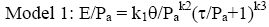 Elastic modulus divided by atmospheric pressure is equal to regression constant 1 times bulk stress divided by open parenthesis atmospheric pressure close parenthesis to the regression constant 2 times open first parenthesis open second parenthesis shear stress divided by atmospheric pressure close second parenthesis plus 1 close first parenthesis to the regression constant 3