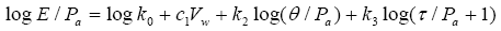 Logarithm of elastic modulus divided by atmospheric pressure is equal to logarithm of regression constant K of 0 plus regression coefficient C of 1 times volumetric moisture content plus regression constant K sub 2 times log of (open first parenthesis) bulk stress divided by atmospheric pressure (close first parenthesis) plus regression constant K of 3 times log of (open second parenthesis) shear stress divided by atmospheric pressure plus 1 (close second parenthesis).