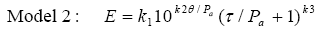 Elastic modulus is equal to regression constant 1 times 10 to the open parenthesis regression constant 2 times bulk stress divided by atmospheric pressure close parenthesis times open first parenthesis open second parenthesis shear stress divided by atmospheric pressure close second parenthesis plus 1 close first parenthesis to the regression constant 3.