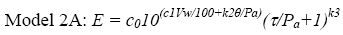 Elastic modulus is equal to regression coefficient C sub 0 times 10 to the open first parenthesis open second parenthesis regression coefficient C sub 1 times volumetric moisture content divided by 100 close second parenthesis plus open second parenthesis regression constant K sub 2 times bulk stress divided by atmospheric pressure close second parenthesis close first parenthesis times open first parenthesis open second parenthesis shear stress divided by atmospheric pressure close second parenthesis plus 1 close first parenthesis to the regression constant K of 3.