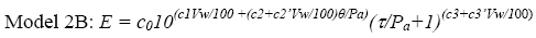 Elastic modulus is equal to regression coefficient times 10 to the open bracket open parenthesis regression coefficient C sub 1 times volumetric moisture content divided by 100 close parenthesis plus open parenthesis regression coefficient C sub 2 plus log of regression coefficient C sub 2 times volumetric moisture content divided by 100 close parenthesis times open parenthesis bulk stress divided by atmospheric pressure close parenthesis close bracket times open first parenthesis open second parenthesis shear stress divided by atmospheric pressure close second parenthesis plus 1 close first parenthesis to the open bracket regression coefficient C sub 3 plus open parenthesis log of regression coefficient C sub 3 times volumetric moistures content divided by 100 close parenthesis close bracket.