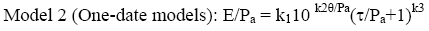 Elastic modulus divided by atmospheric pressure is equal to regression constant 1 times 10 to the open parenthesis regression constant 2 divided by atmospheric pressure close parenthesis times open first parenthesis open second parenthesis shear stress divided by atmospheric pressure close second parenthesis plus 1 close first parenthesis to the regression constant 3.