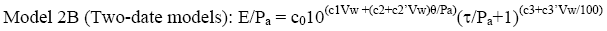 Elastic modulus divided by atmospheric pressure is equal to regression coefficient times 10 to the open bracket open parenthesis regression coefficient C sub 1 times volumetric moisture content close parenthesis plus open parenthesis regression coefficient C sub 2 plus log of regression coefficient C sub 2 times volumetric moisture content close parenthesis times open parenthesis bulk stress divided by atmospheric pressure close parenthesis close bracket times open first parenthesis open second parenthesis shear stress divided by atmospheric pressure close second parenthesis plus 1 close first parenthesis to the open bracket regression coefficient C sub 3 plus open parenthesis log of regression coefficient C sub 3 times volumetric moistures content divided by 100 close parenthesis close bracket.