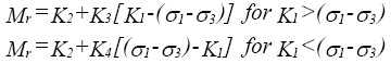 Resilient modulus is equal to regression constant 2 plus regression constant 3 times (open first bracket) regression constant 1 minus (open first parenthesis) major principal stress minus minor principal stress (close first parenthesis) (close first bracket), for regression constant 1 is greater than (open second parenthesis) major principal stress minus minor principal stress (close second parenthesis). Resilient modulus is equal to regression constant 2 plus regression constant 4 times (open second bracket) (open third parenthesis major principal stress minus minor principal stress (close third parenthesis) minus regression constant 1 (close second bracket), for regression constant 1 is less than (open fourth parenthesis) major principal stress minus minor principal stress (close fourth parenthesis).