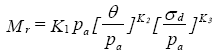 Resilient modulus is equal to regression constant 1 times atmospheric pressure times (open first bracket) bulk stress divided by atmospheric pressure (close first bracket) to the regression constant 2 times (open second bracket) applied deviator stress divided by atmospheric pressure (close second bracket) to the regression constant 3.