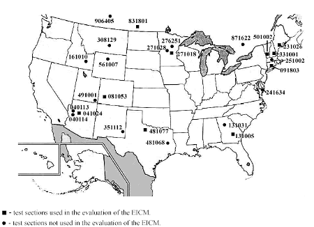 The figure is a map of the United States with locations pinpointed throughout it. Test sections used in the evaluation of the enhanced integrated climatic models (EICM) are Arizona, Colorado, Connecticut, Georgia, Maine, Minnesota, New Hampshire, Texas, Utah, Vermont, Manitoba, and Saskatchewan. 