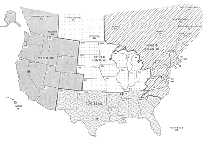 This figure shows a map of the United States and Canada. The States and Provinces that come under the jurisdiction of each Regional Support Contractor (RSC) are shown in this map. The following are the States and Provinces that come under the jurisdiction of each RSC:North Atlantic RSC: In Canada: Newfoundland, New Brunswick, Nova Scotia, Ontario, Prince Edward Island, and Quebec. In the United States: Connecticut, Delaware, Maine, Maryland, Massachusetts, New Hampshire, New Jersey, New York, North Carolina, Pennsylvania, Rhode Island, Vermont, Virginia, and West Virginia.North Central RSC: In Canada: Manitoba and Saskatchewan. In the United States: Illinois, Indiana, Iowa, Kansas, Kentucky, Michigan, Minnesota, Missouri, Nebraska, North Dakota, Ohio, South Dakota, and Wisconsin.Southern RSC: In the United States: Alabama, Arkansas, Florida, Georgia, Louisiana, Mississippi, New Mexico, Oklahoma, Puerto Rico, South Carolina, Tennessee, and Texas.Western RSC: In Canada: Alberta and British Columbia. In the United States: Alaska, Arizona, California, Colorado, Hawaii, Idaho, Montana, Nevada, Oregon, Utah, Washington, and Wyoming.