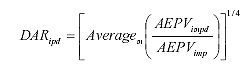 Equation 12. Equation. The daily adjustment ratio for a missing day-of-week d is computed as the average over the number of months available m of the ratio of the average equivalent single-axel load per vehicle for that missing day-of-week divided by the monthly average equivalent single-axel load per vehicle raised to the one fourth power.