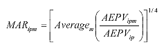 Equation 13. Equation. The monthly adjustment ratio for a missing month m, is computed as the ratio of the average equivalent single-axel load per vehicle for that missing month divided by the average equivalent single-axel load per vehicle of another available month m raised to the one fourth power.