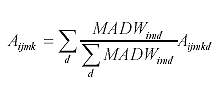 Equation 14. Equation. Load spectra adjustment ratios are computed as the sum over the available day-of-week of the ratios of the monthly average day-of-week traffic volumes divided by the sum over the available day-of-week of the monthly average day-of-week multiplied by the load spectrum value corresponding to load range k, vehicle class i, axle type j, month m, and day-of-week d.