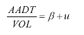 Equation 3. Equation. The ratio of the average annual daily traffic divided by the vehicle volume count is equal to a constant beta plus an error term mu.