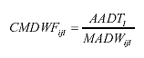 Equation 6. Equation. The combined monthly and day-of-week factor for month i and day-of-week j at station l, is computed as the ratio of the average annual daily traffic for month i divided by the average traffic volume for month i and day-of-week j at station l.
