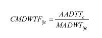 Equation 8. Equation. The combined monthly day-of-week factor for month i and day-of-week j and truck class c is computed as the ratio of the average annual daily truck traffic for truck class c divided by the average traffic volume for month i and day-of-week j.