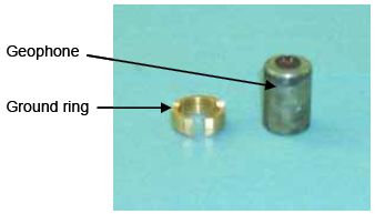 Photograph shows a ground ring and geophone. Arrows indicate the locations of the ground ring and the geophone.