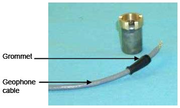 Photograph shows a new geophone cable. Arrows indicate the locations of the grommet and the geophone cable.